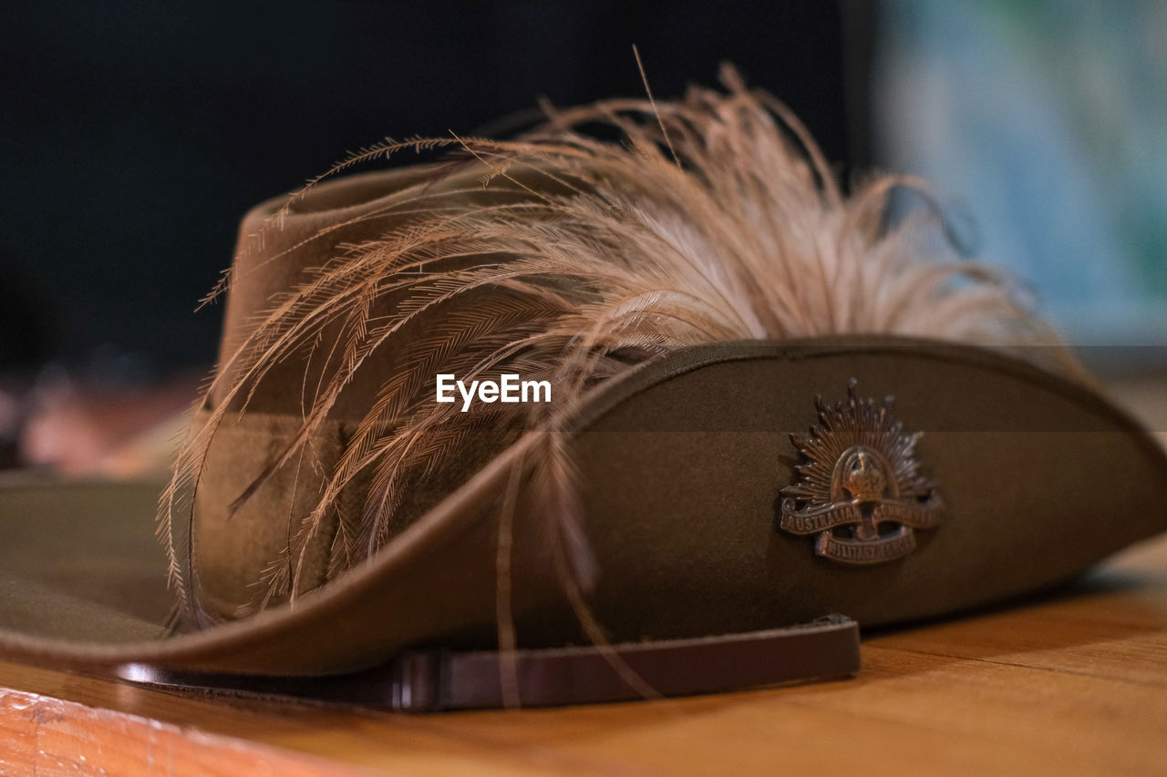 Close-up of ww1 australian army slouch hat with emu feathers