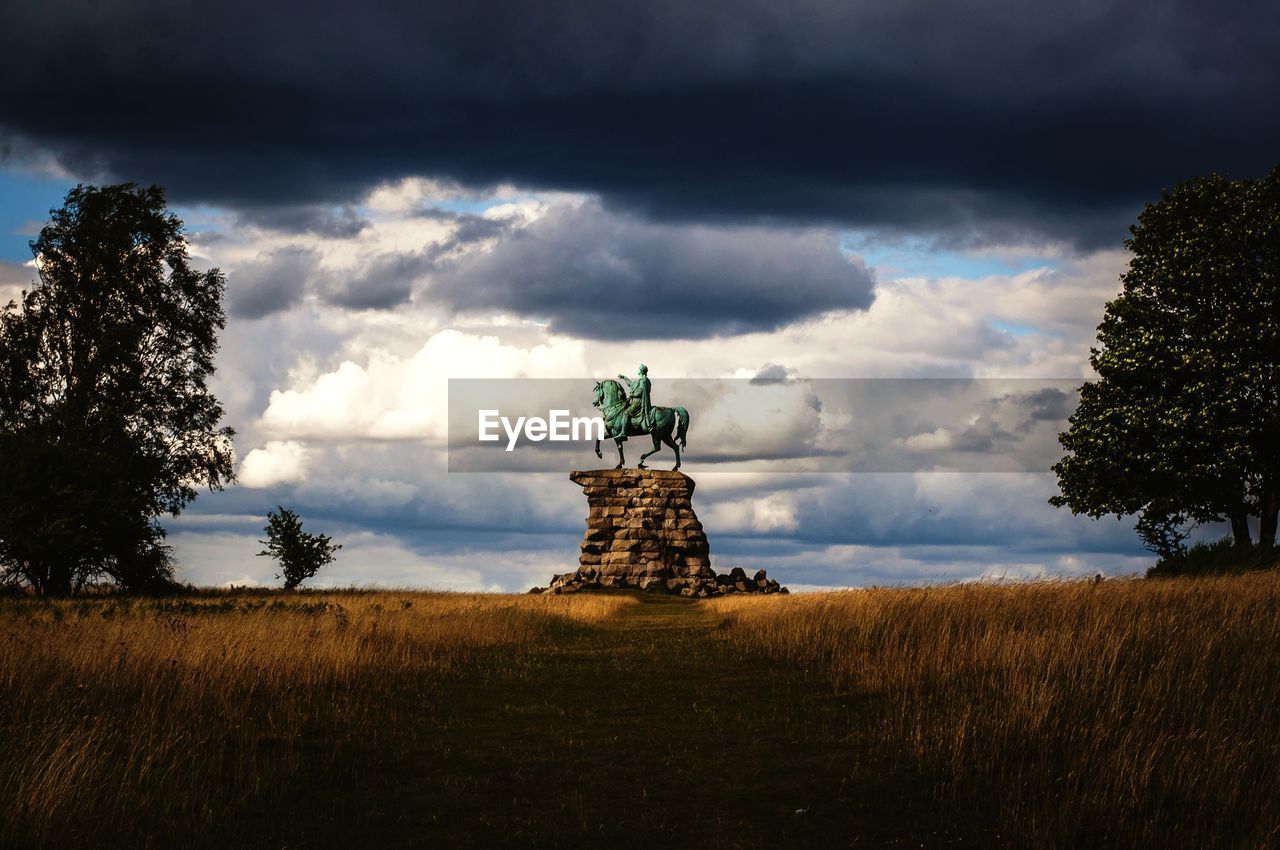 VIEW OF STATUES ON FIELD AGAINST CLOUDY SKY