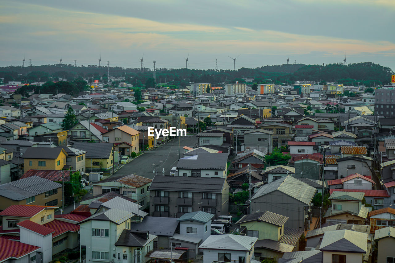 high angle view of townscape against sky