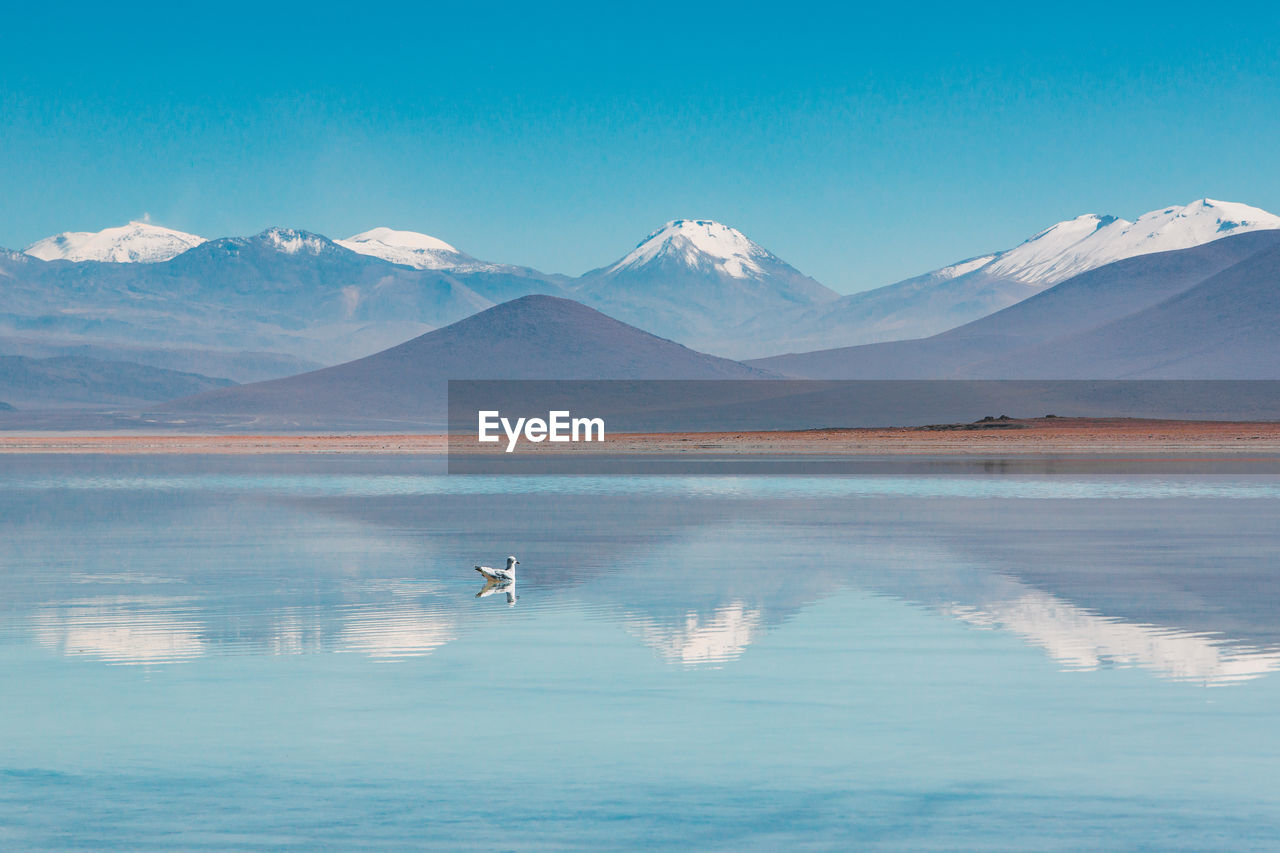 Scenic view of lake against mountain ranges during winter