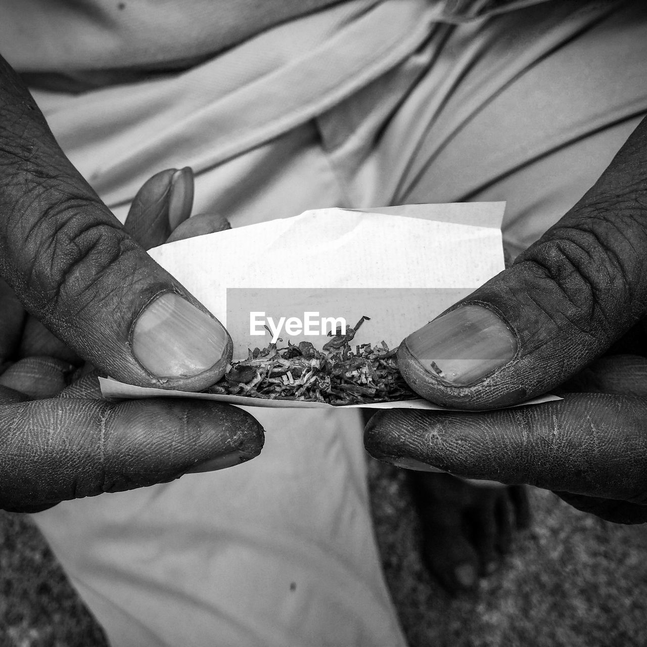 Cropped hands holding dry herbs on paper