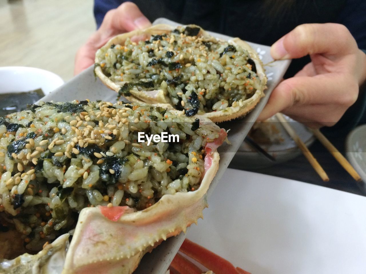 Close-up of rice served in crab shell
