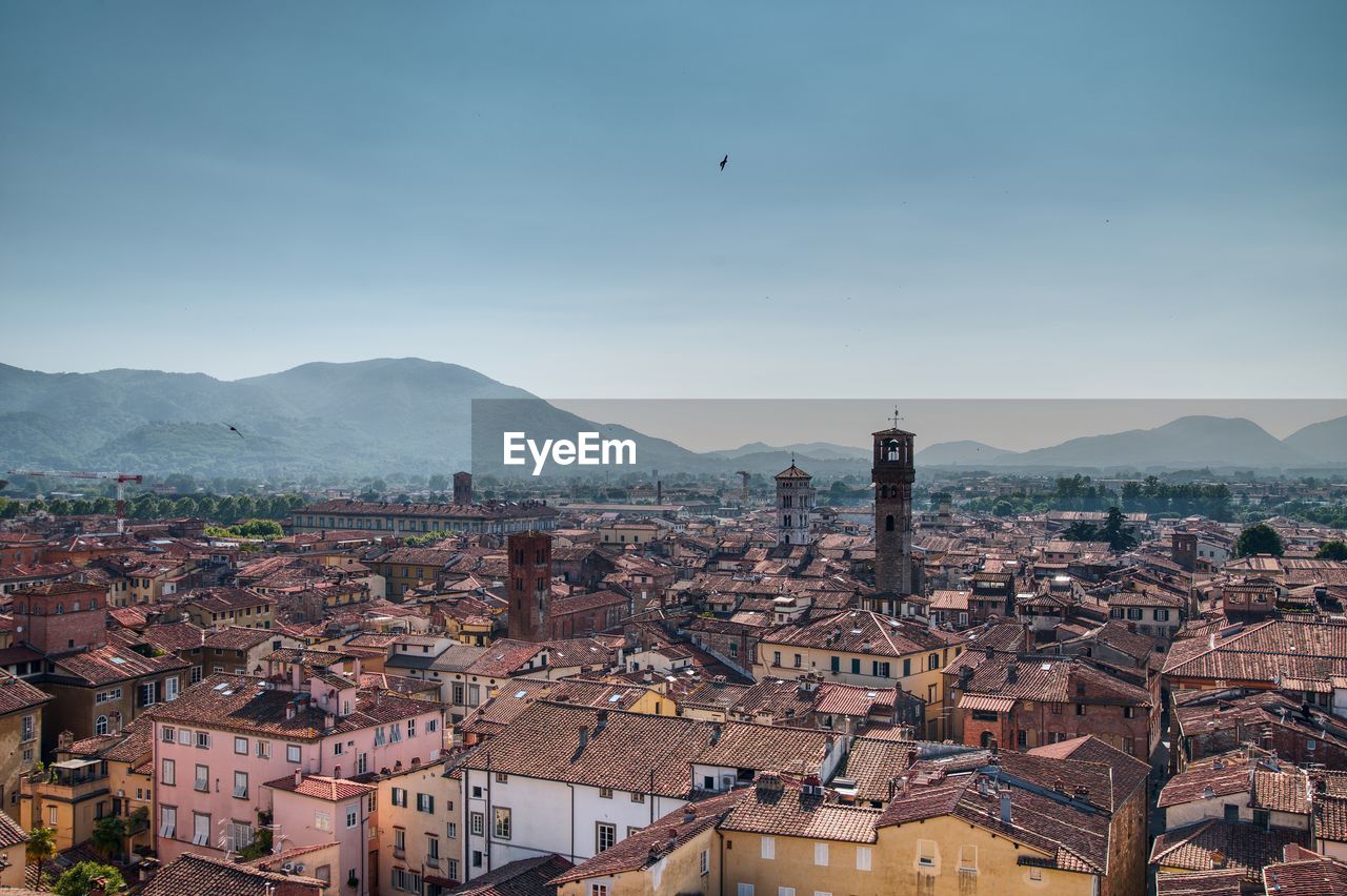 High angle view of townscape against clear sky