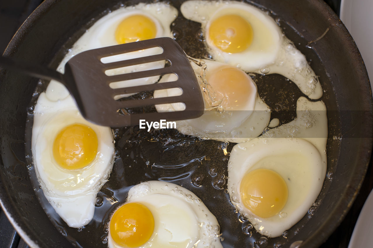 Close-up of poached eggs in frying pan