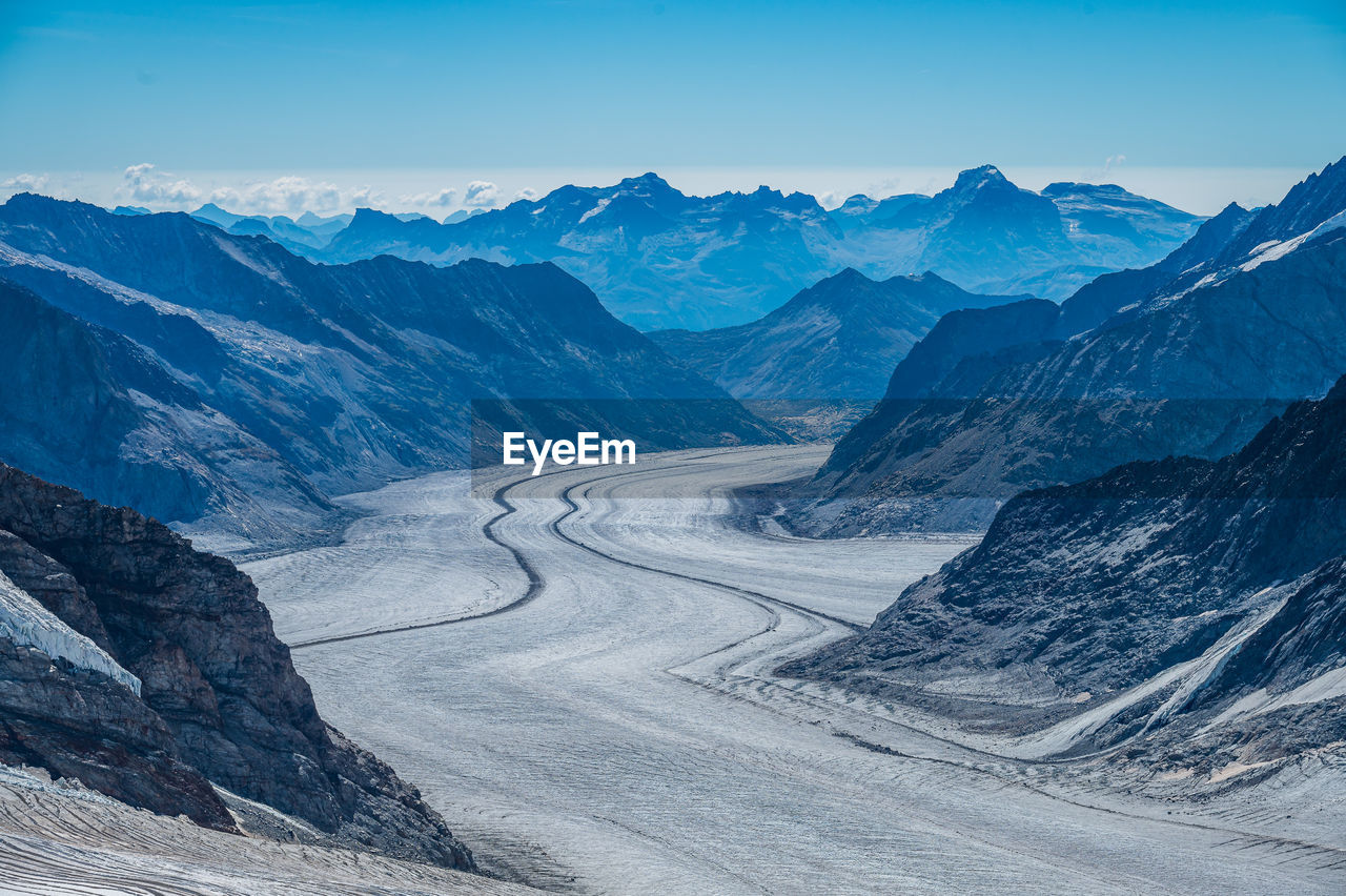 scenic view of snowcapped mountains against clear sky