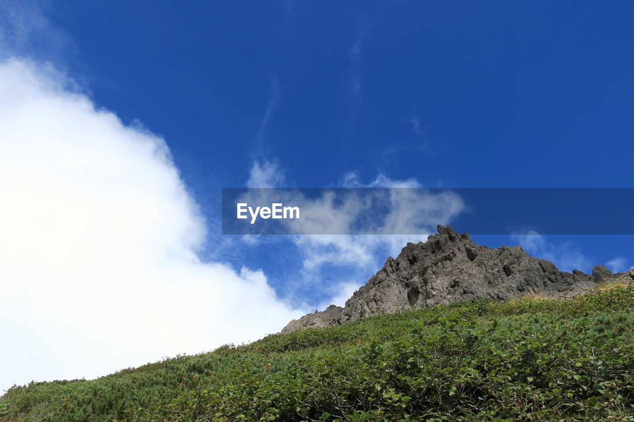 Low angle view of mountain against cloudy sky