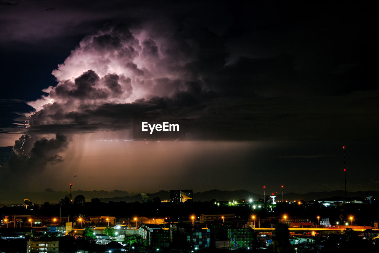 Panoramic view of illuminated city against sky at night