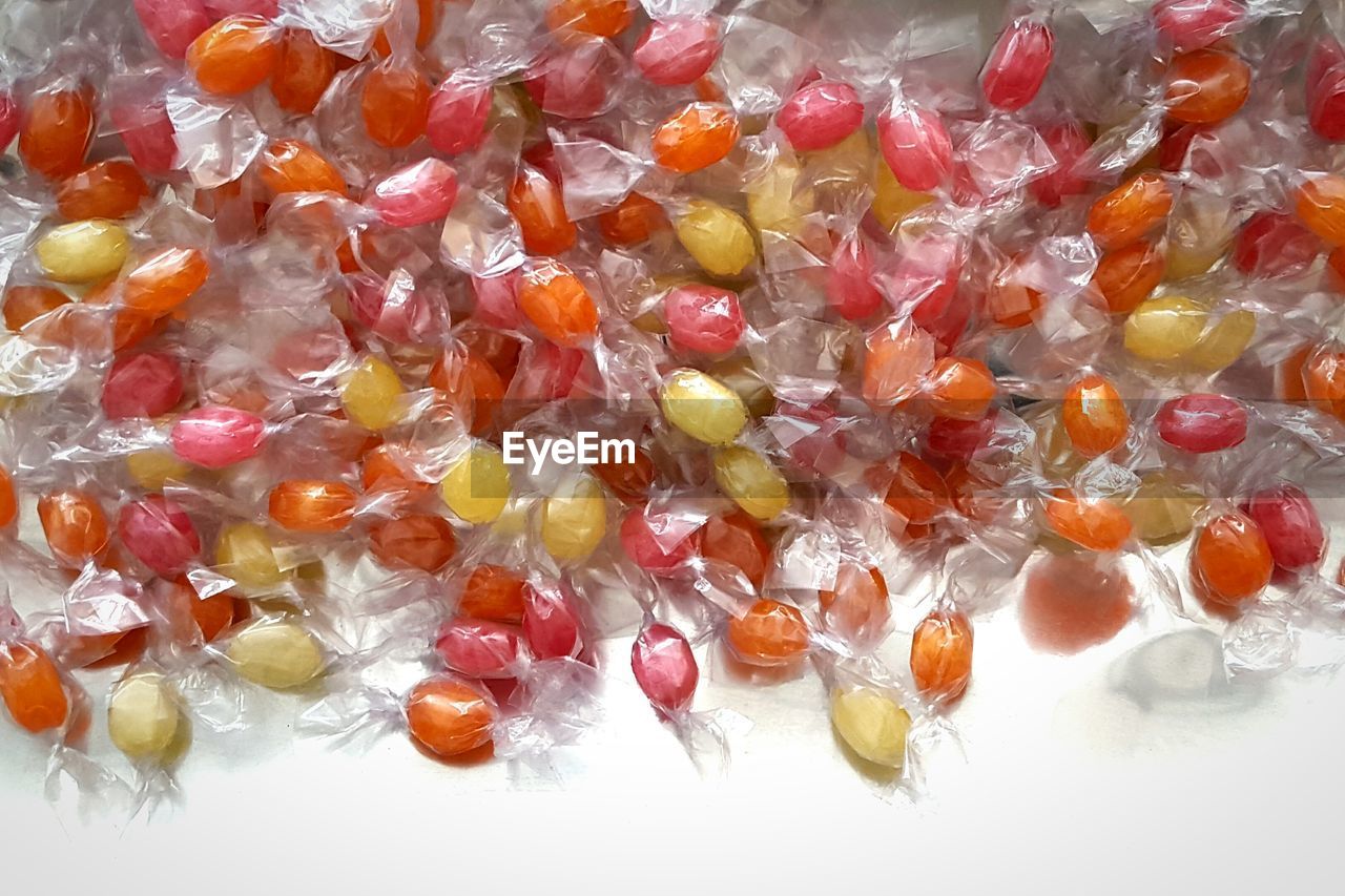 High angle view of candies on table