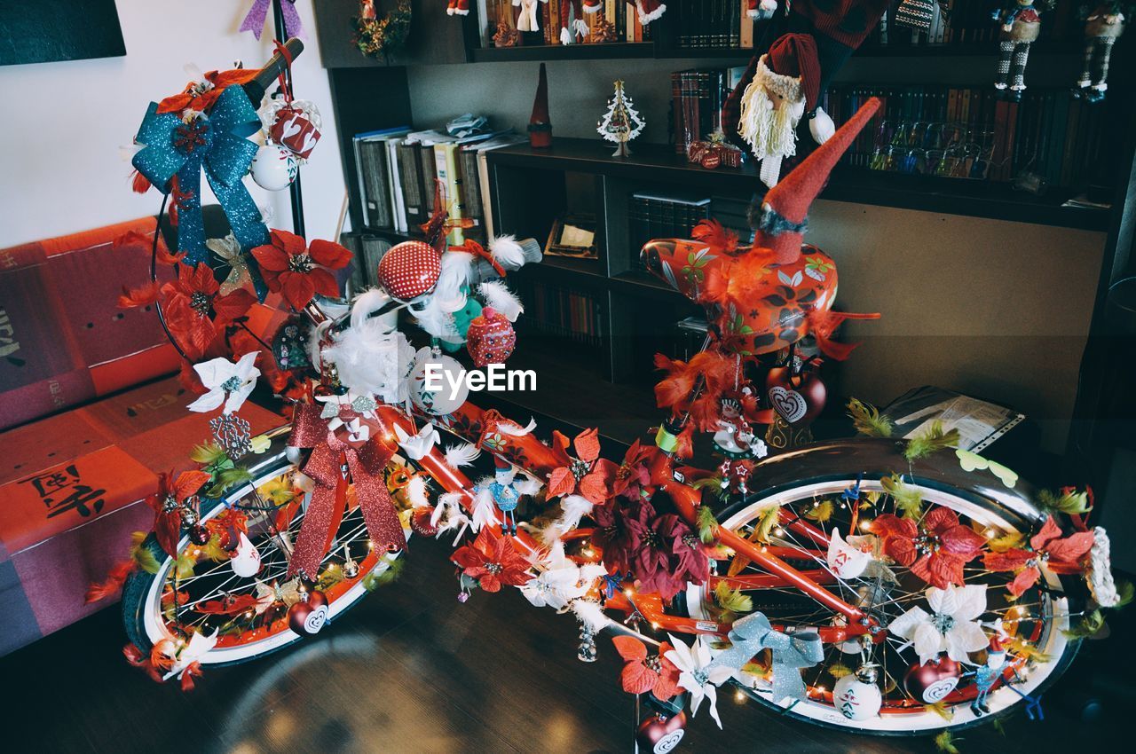 High angle view of decorated bicycle at home