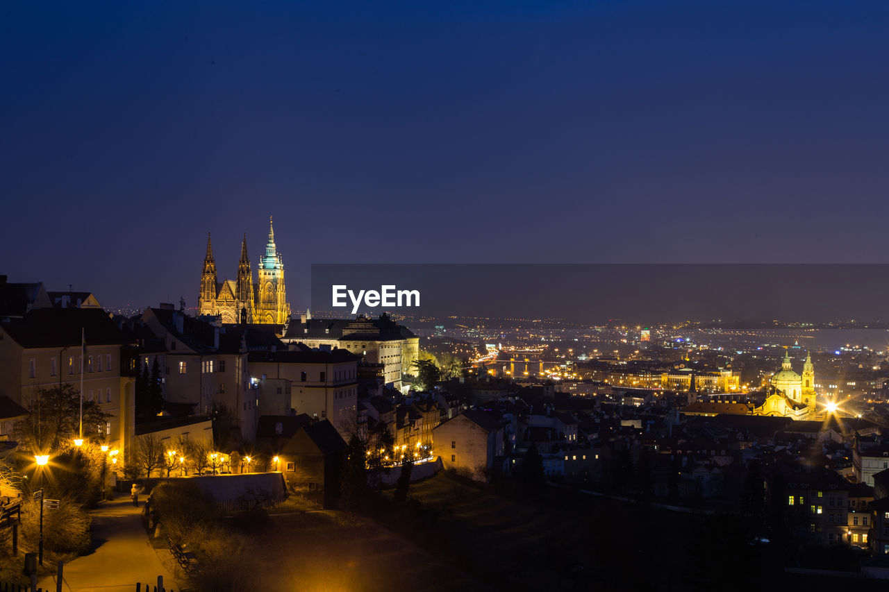 High angle view of illuminated city at night