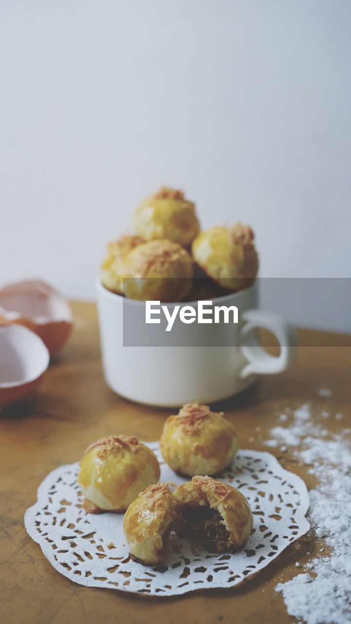 Close-up of breakfast served on table