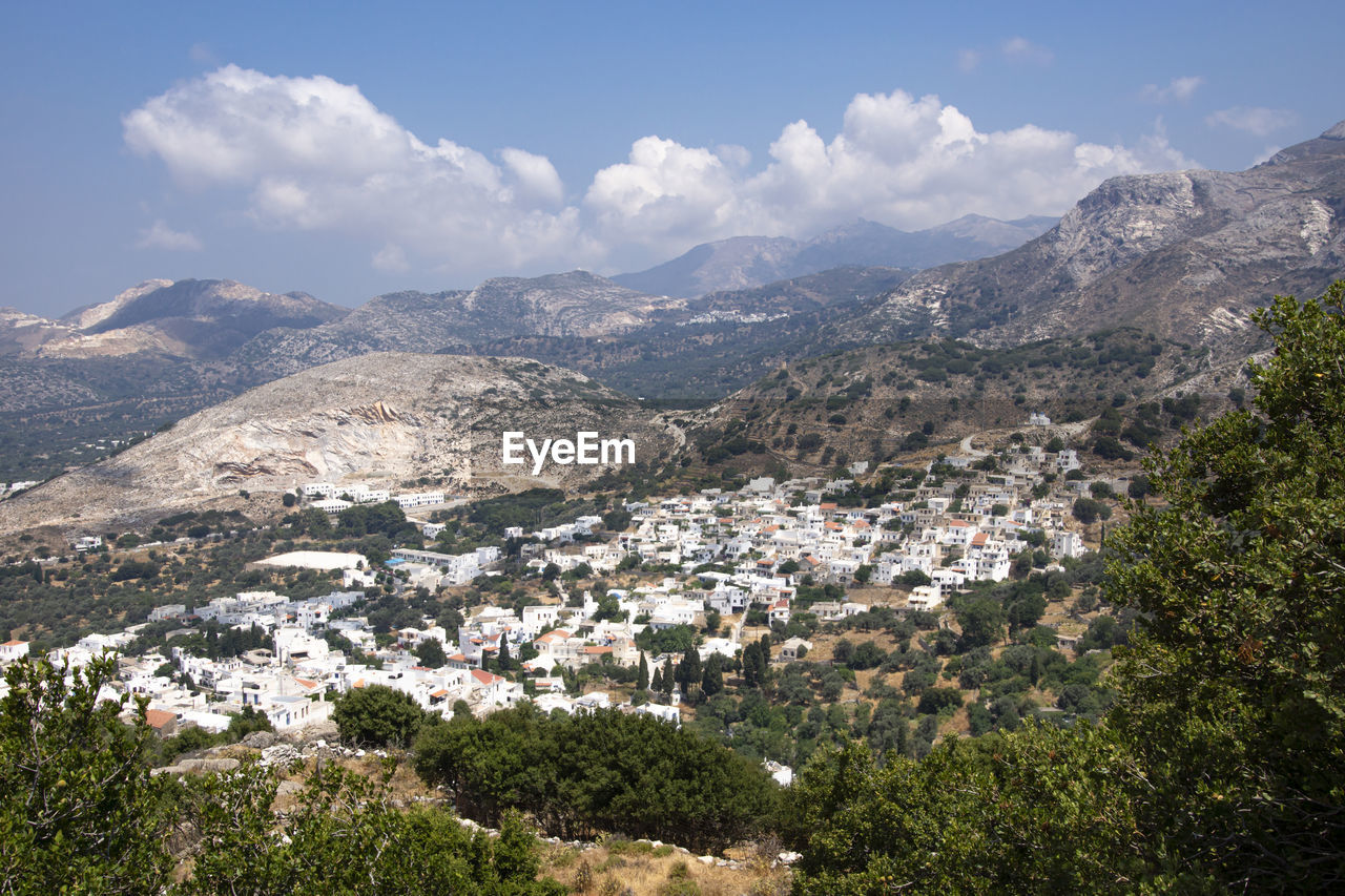 Aerial view of townscape and mountains against sky