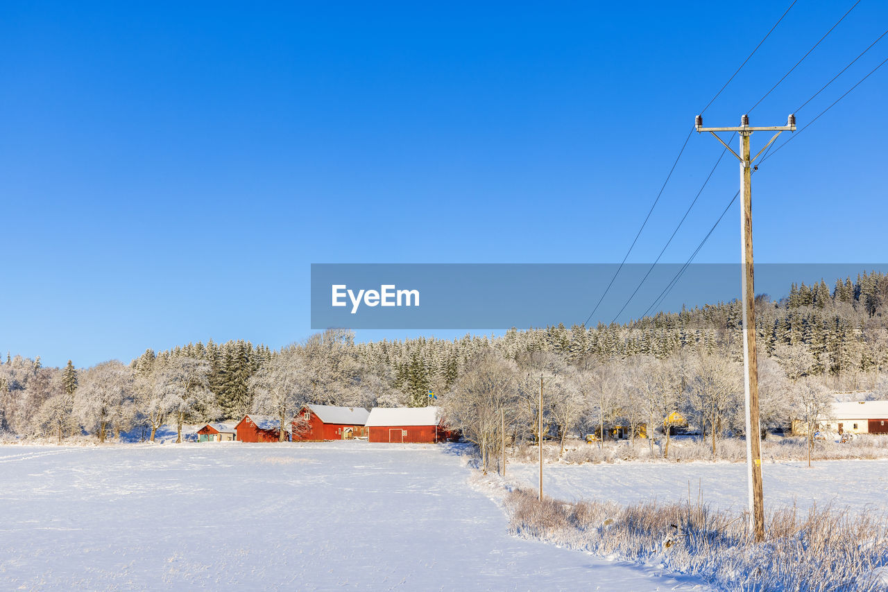 Power line to a farm in on a beautiful winter day