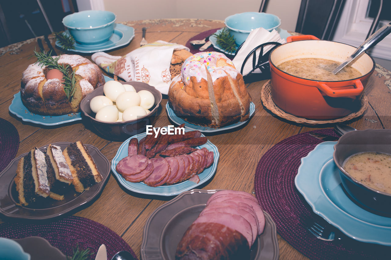 Close-up of easter meal on table