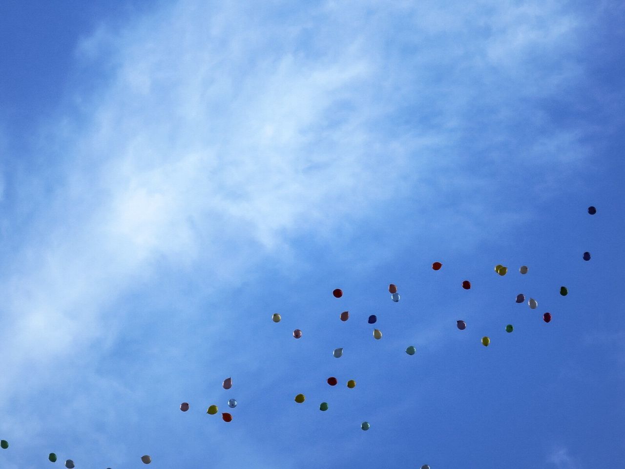 LOW ANGLE VIEW OF BIRDS FLYING OVER BLUE SKY