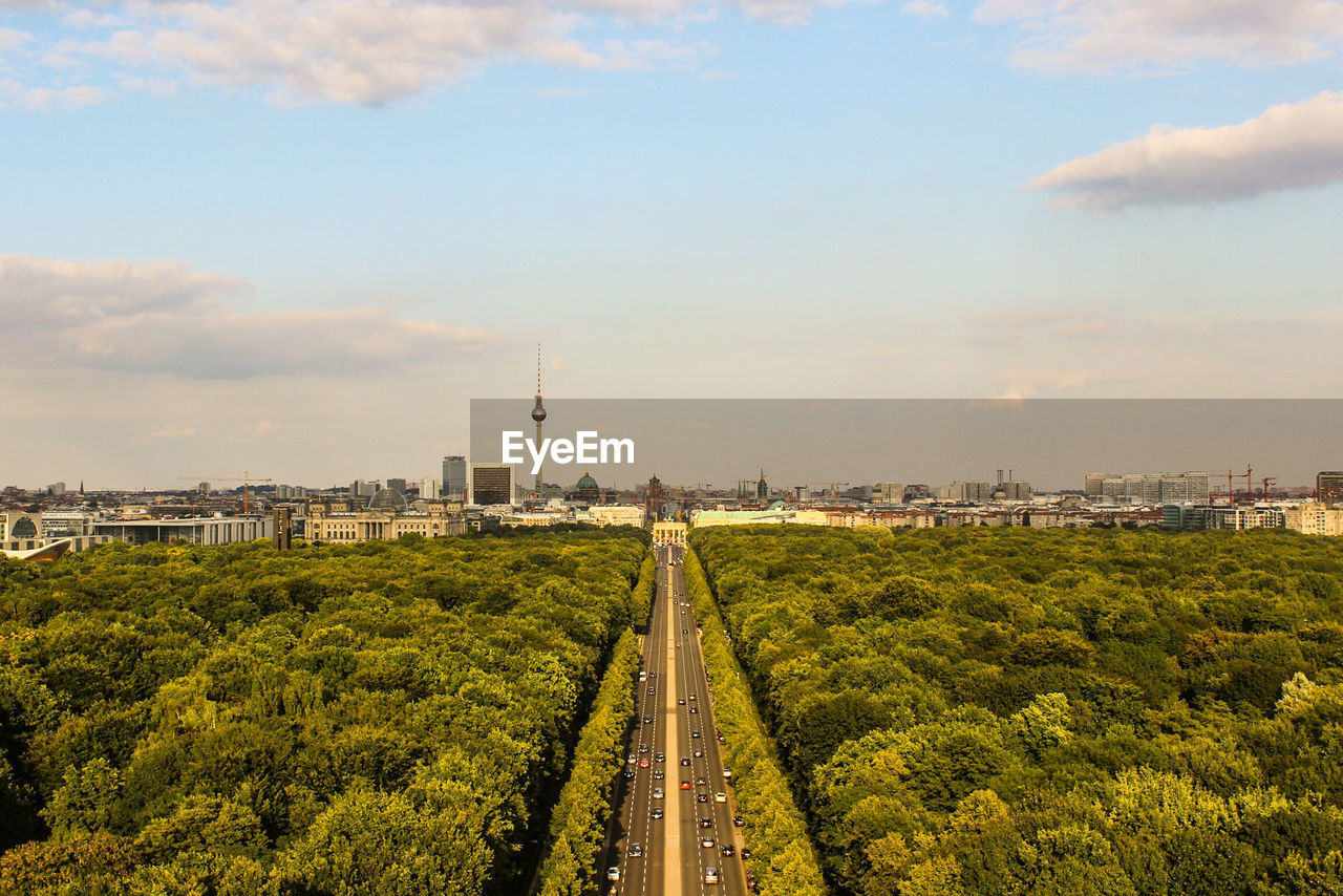 Street amidst trees in city against sky