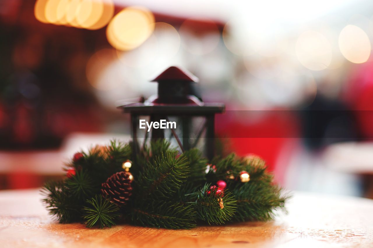 Close-up of christmas decoration on table