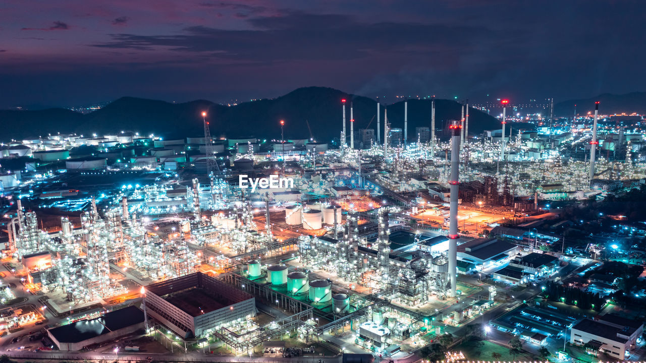 Aerial view of factory zone oil and gas industry - refinery stores tank and petrochemical plant 