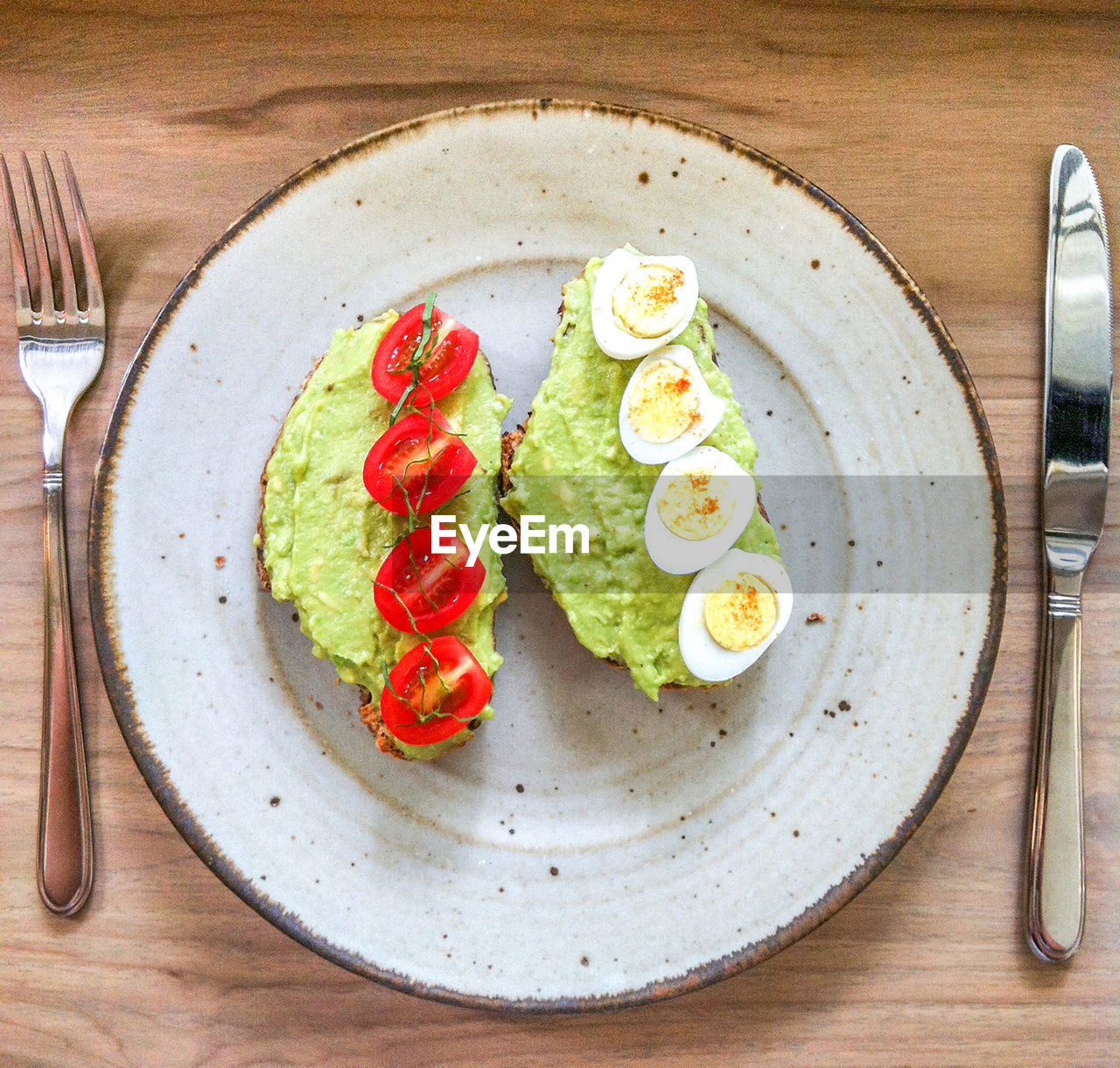 Directly above shot of open sandwich served on table