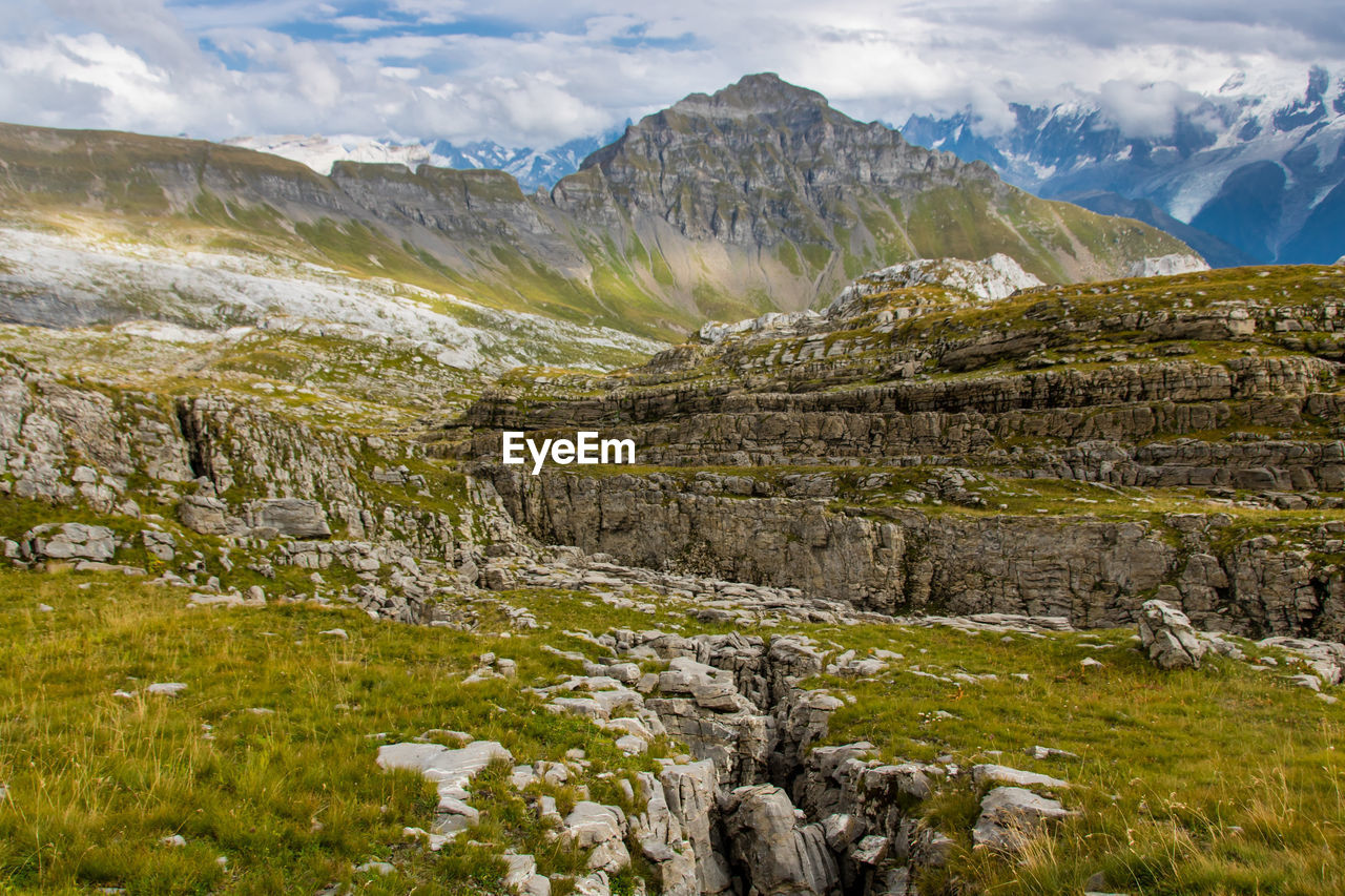 Scenic view of landscape and mountains against sky