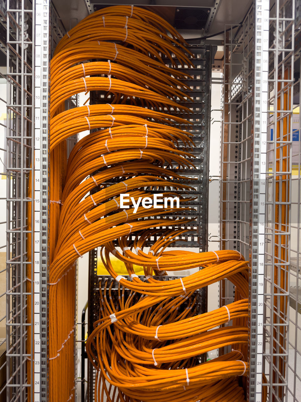 Fiber optic cables in a network rack