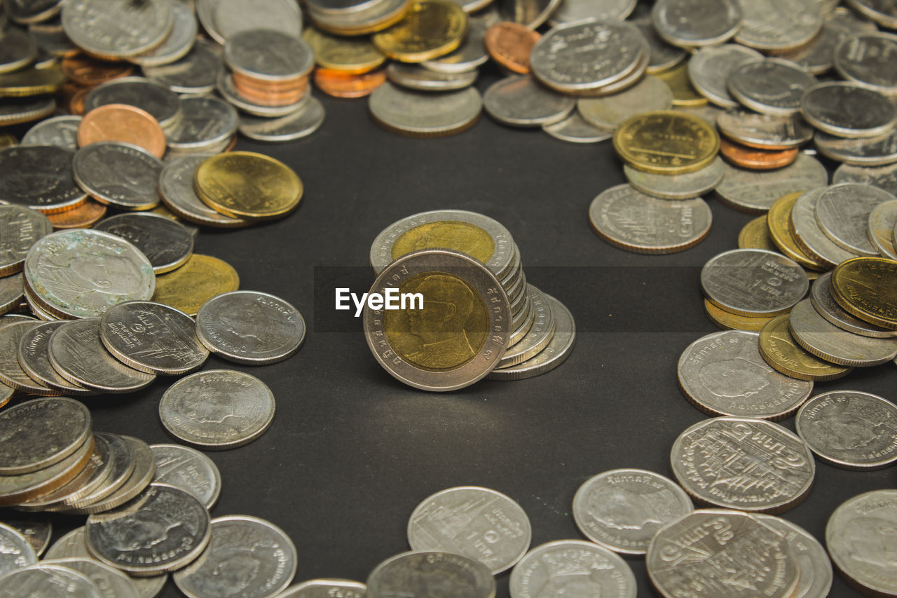 Pile of coins on table