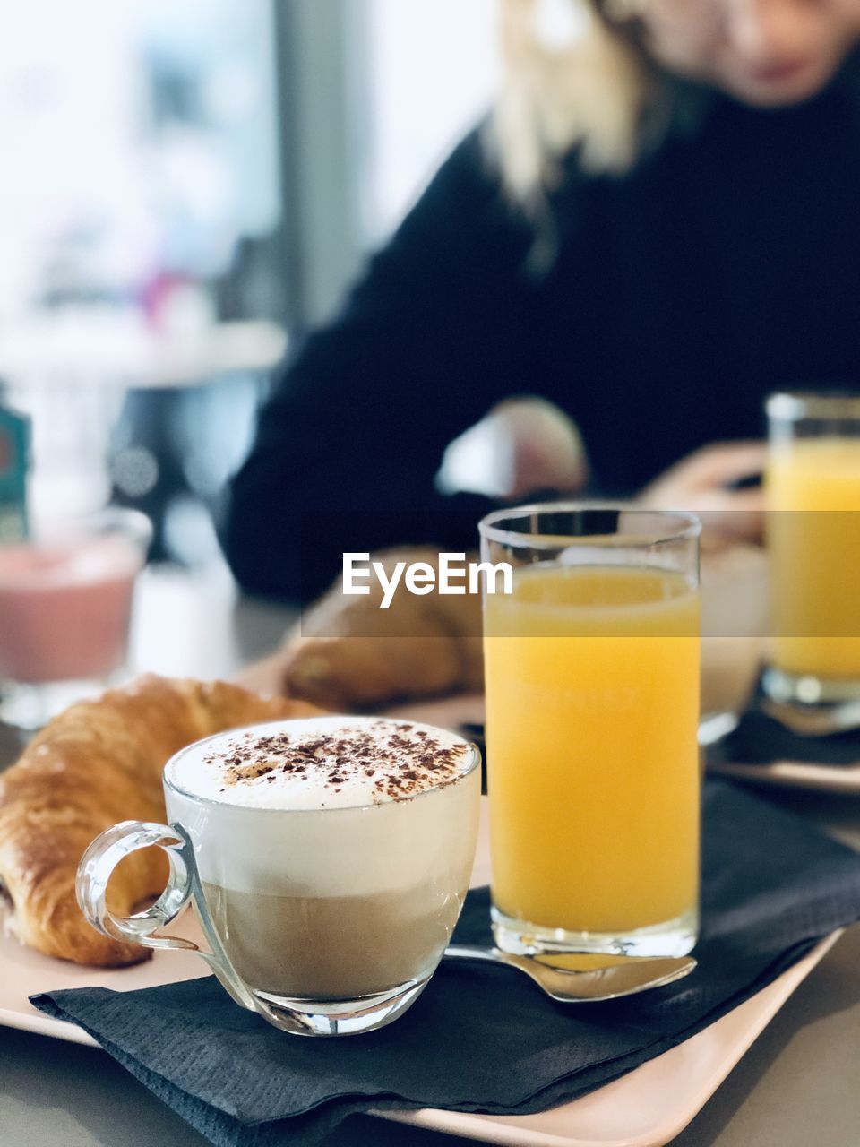 Close-up of drink served on table breakfast 