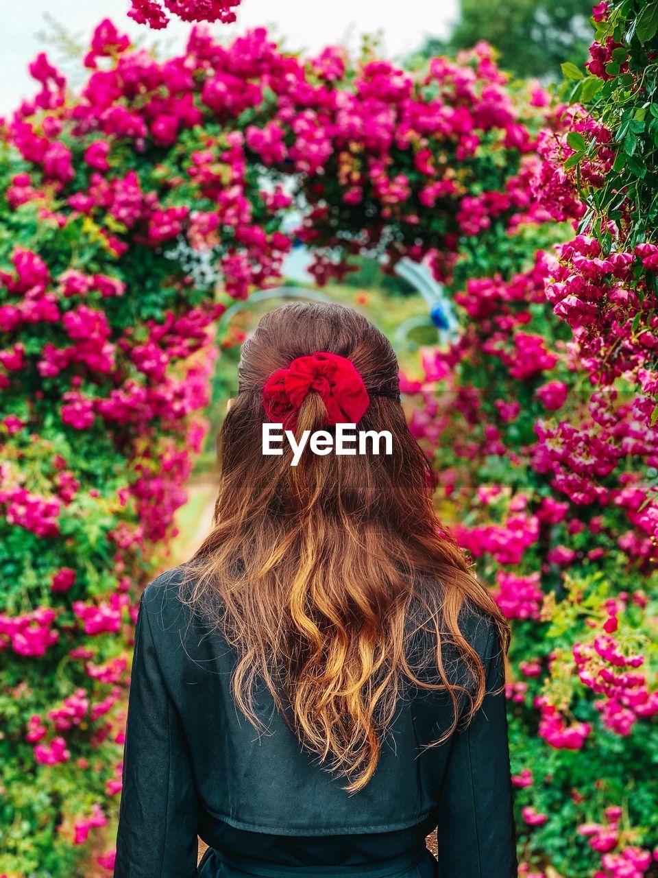 Rear view of woman standing by flowering plants