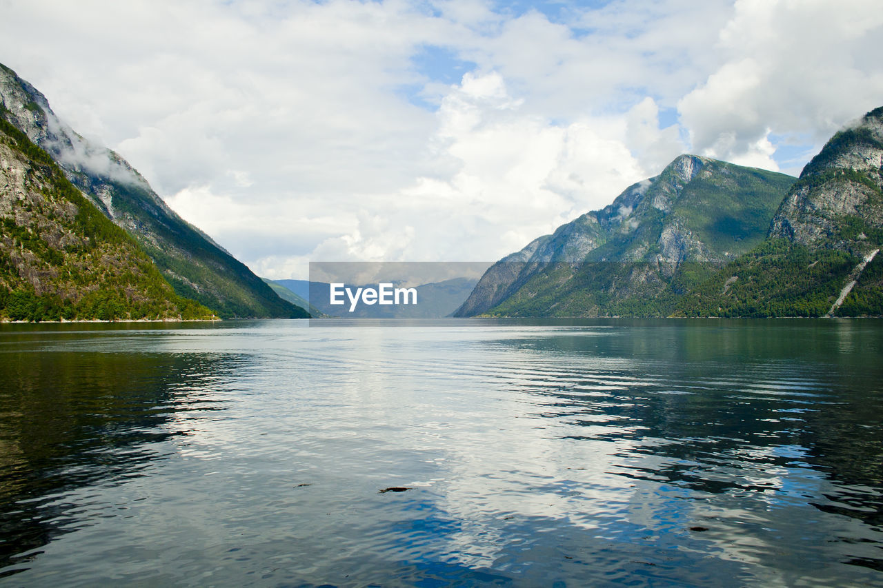 Scenic view of lake by mountains against sky