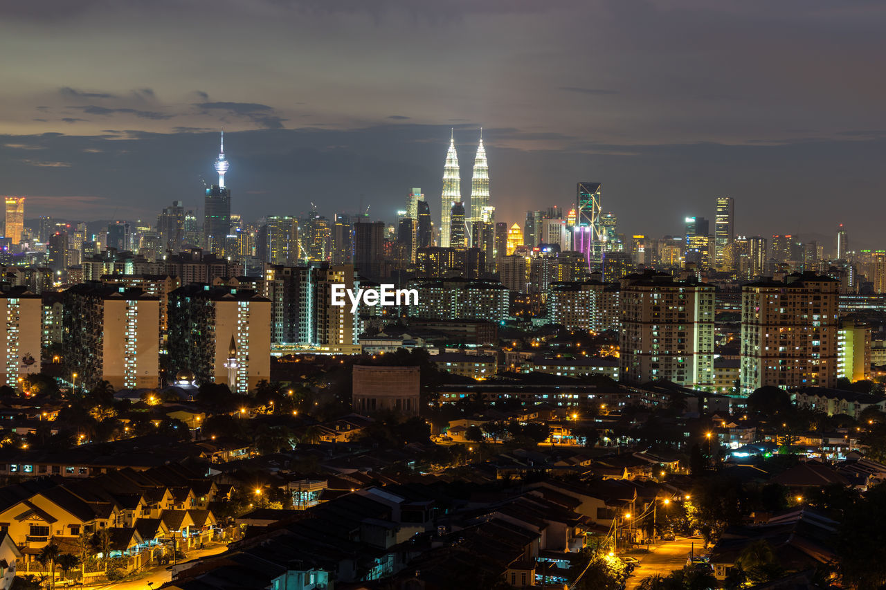 High angle view of city at night