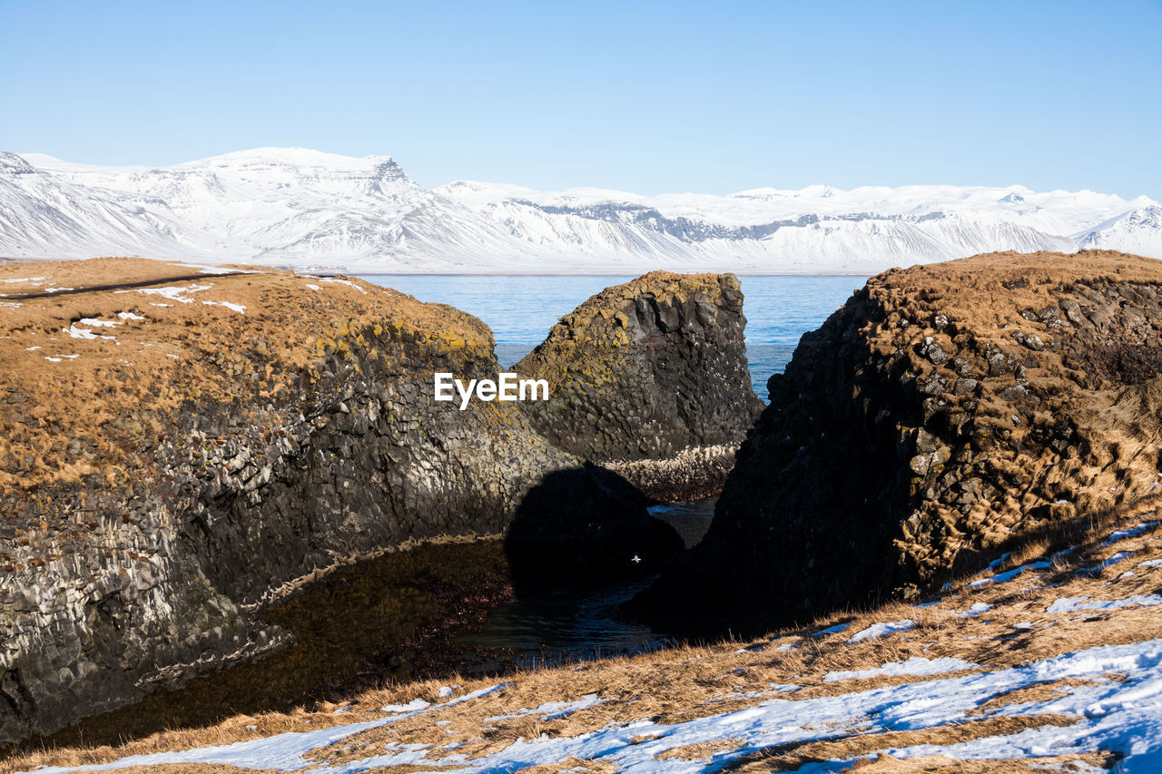 Scenic view of sea and snowcapped mountains against sky