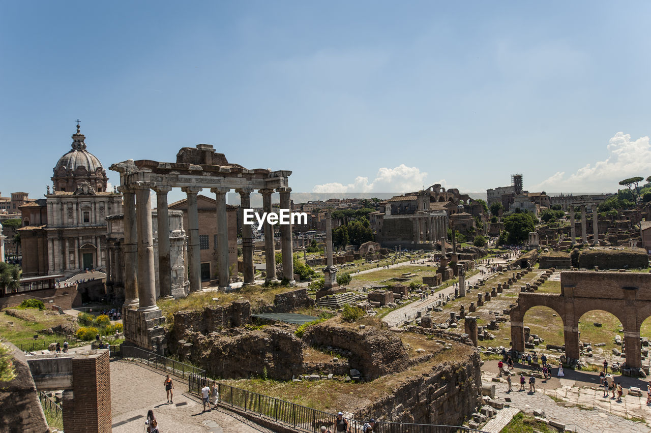 High angle view of roman forum against blue sky