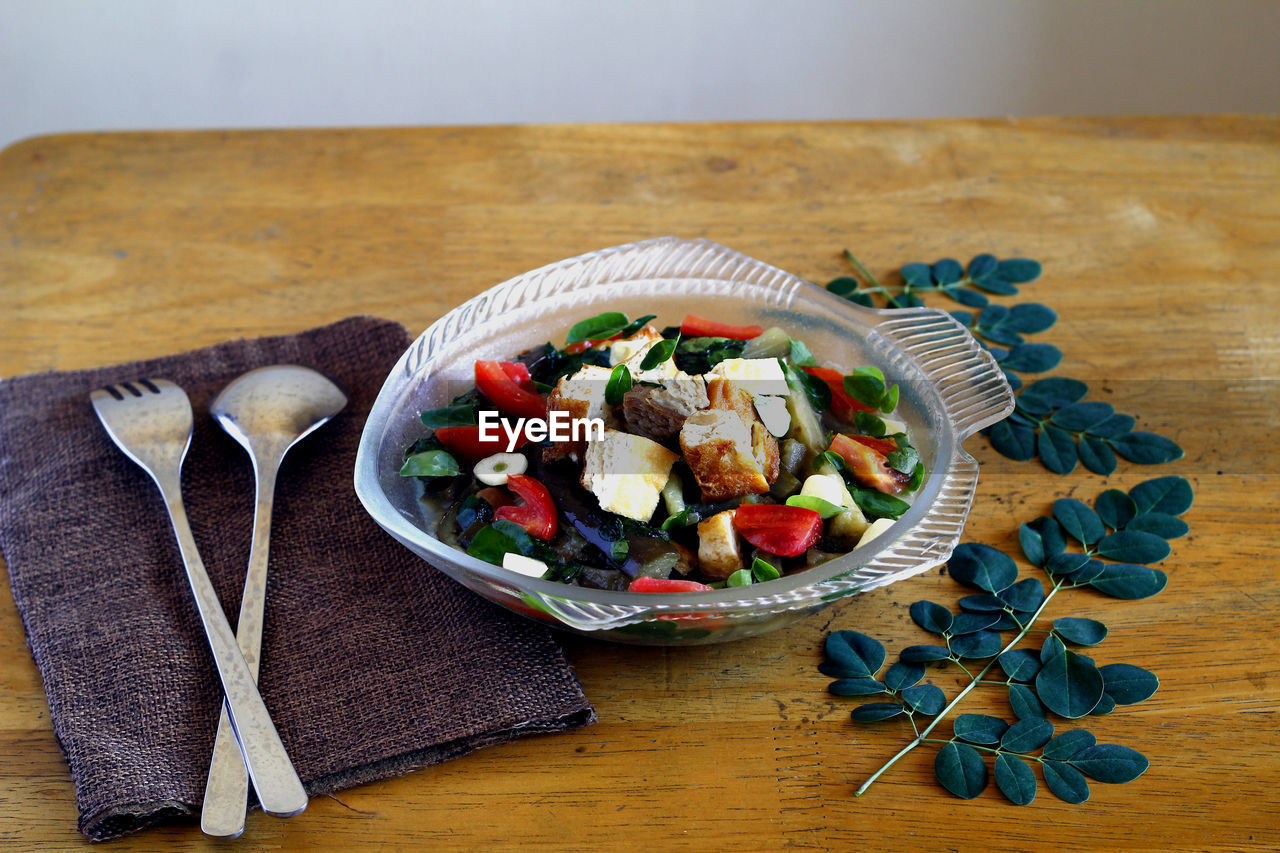 High angle view of food in plate on table