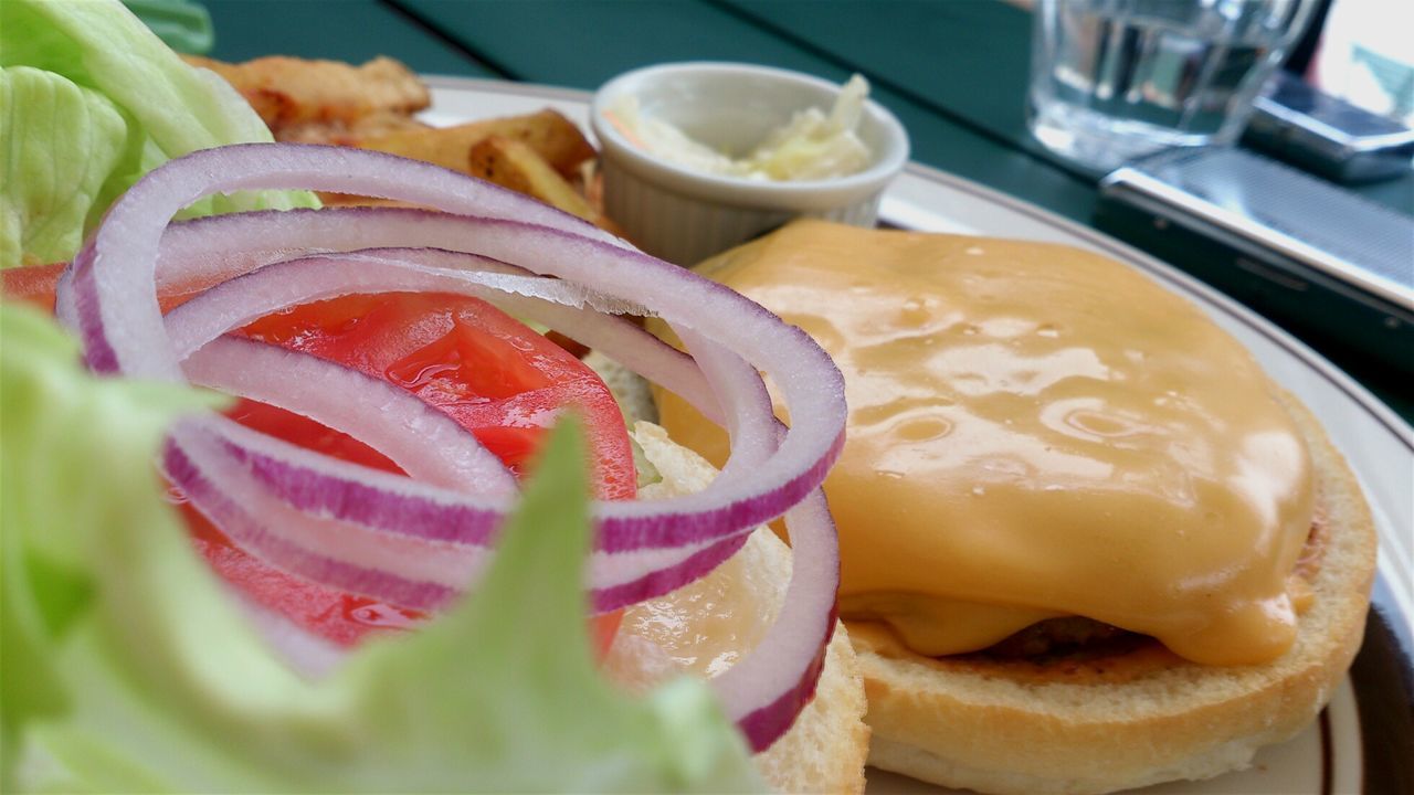 Close-up of hamburger served in plate