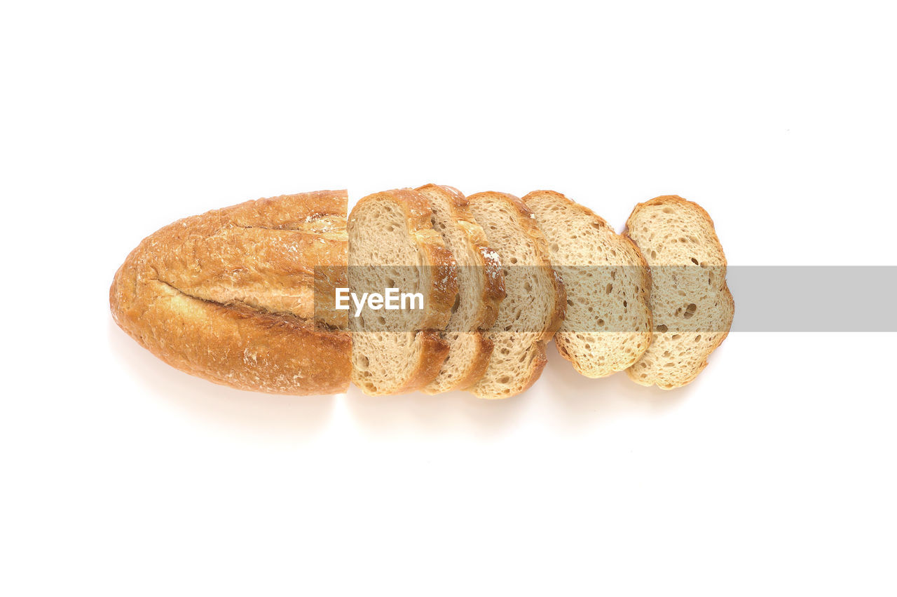 HIGH ANGLE VIEW OF BREAD ON WHITE BACKGROUND