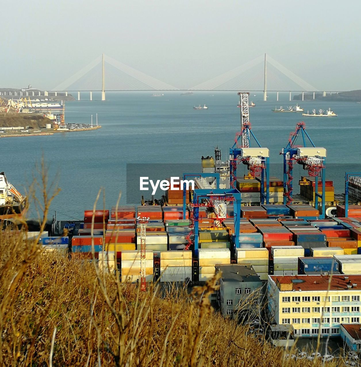 View of the containers in the port against japanese sea