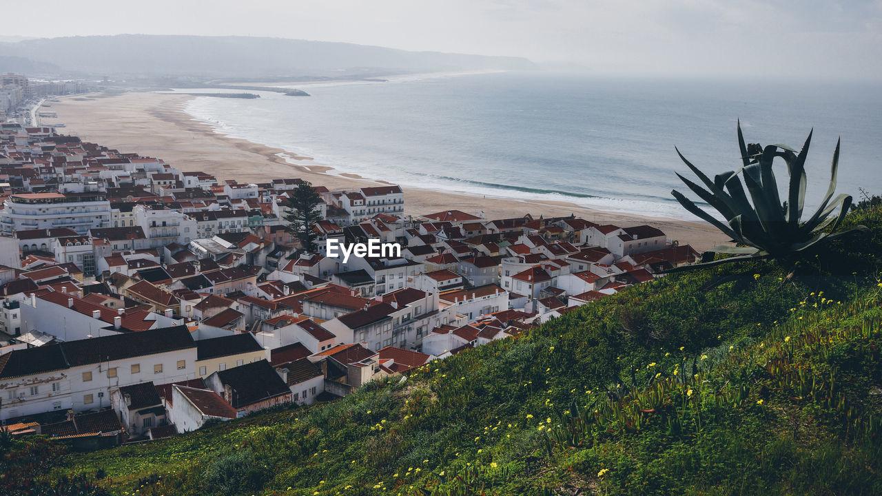 High angle view of residential buildings in town by sea