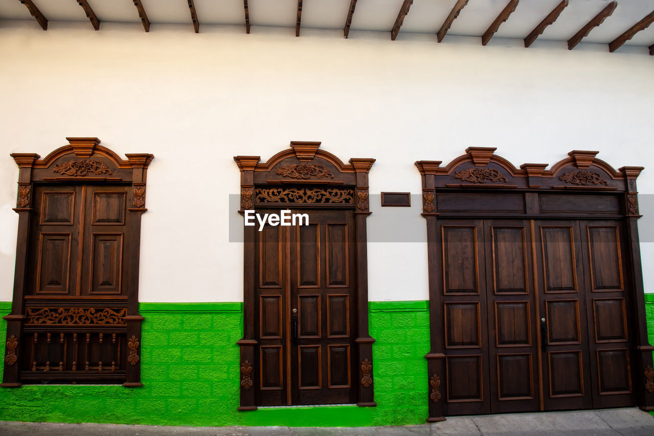 Beautiful facade of the houses at the historical downtown of the heritage town of salamina