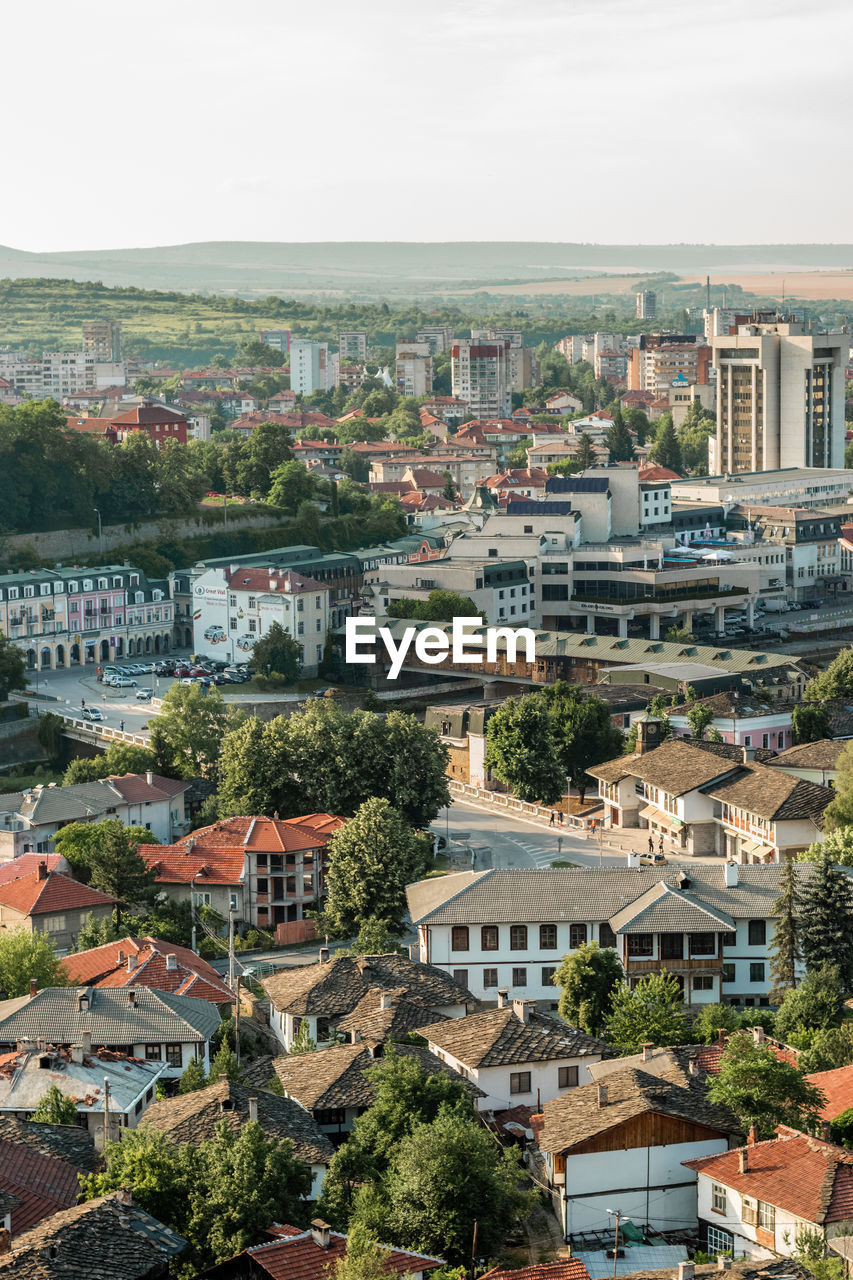 High angle shot of townscape against sky