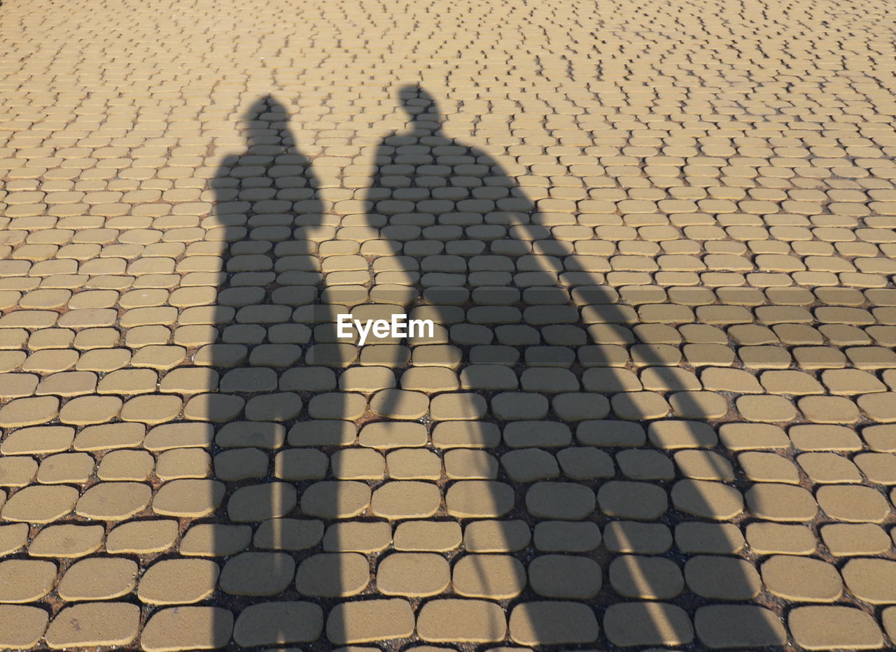 HIGH ANGLE VIEW OF FRIENDS SHADOW ON STREET