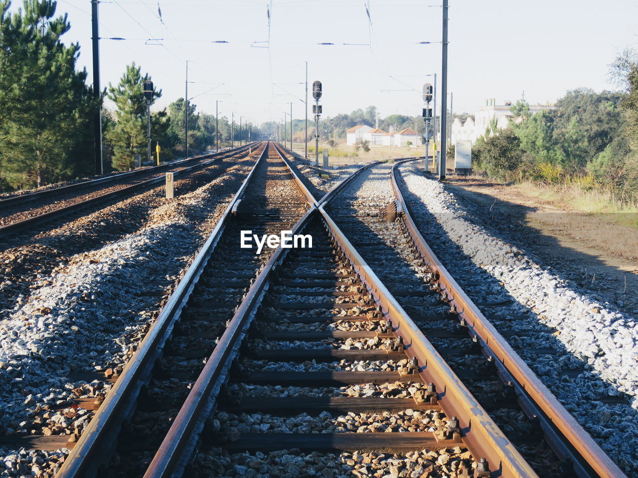 Railroad tracks against clear sky