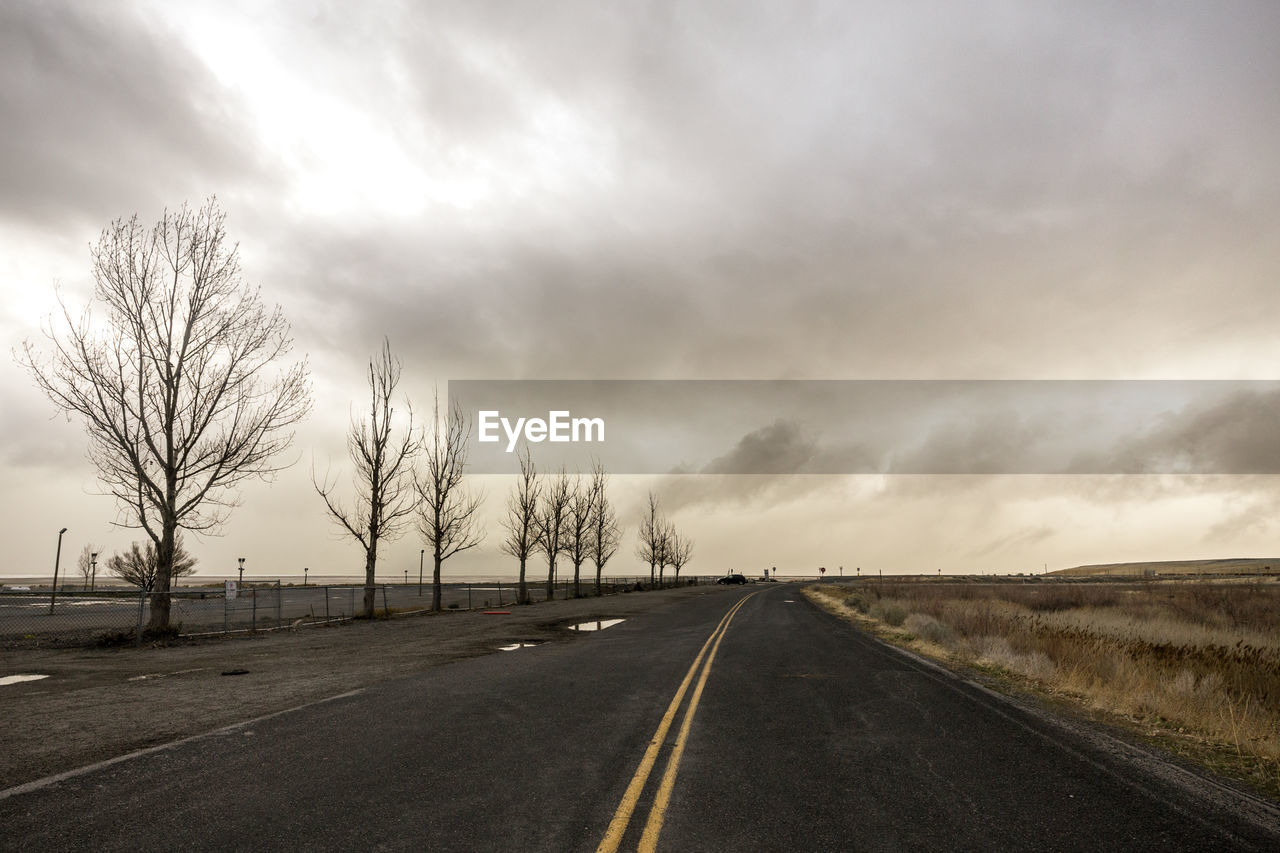 Road amidst bare trees against sky