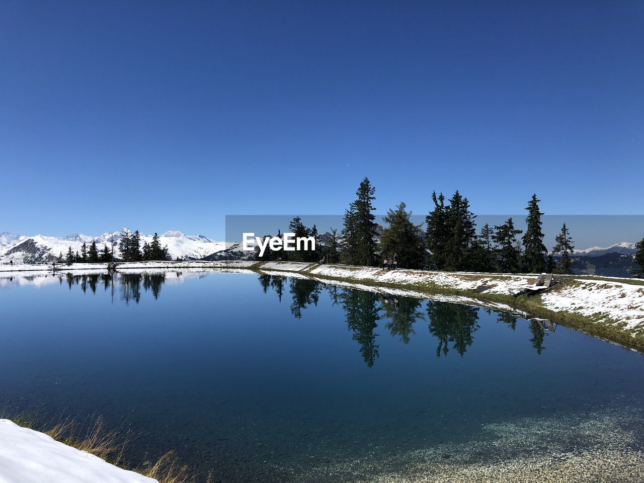 Scenic view of lake by trees against clear blue sky