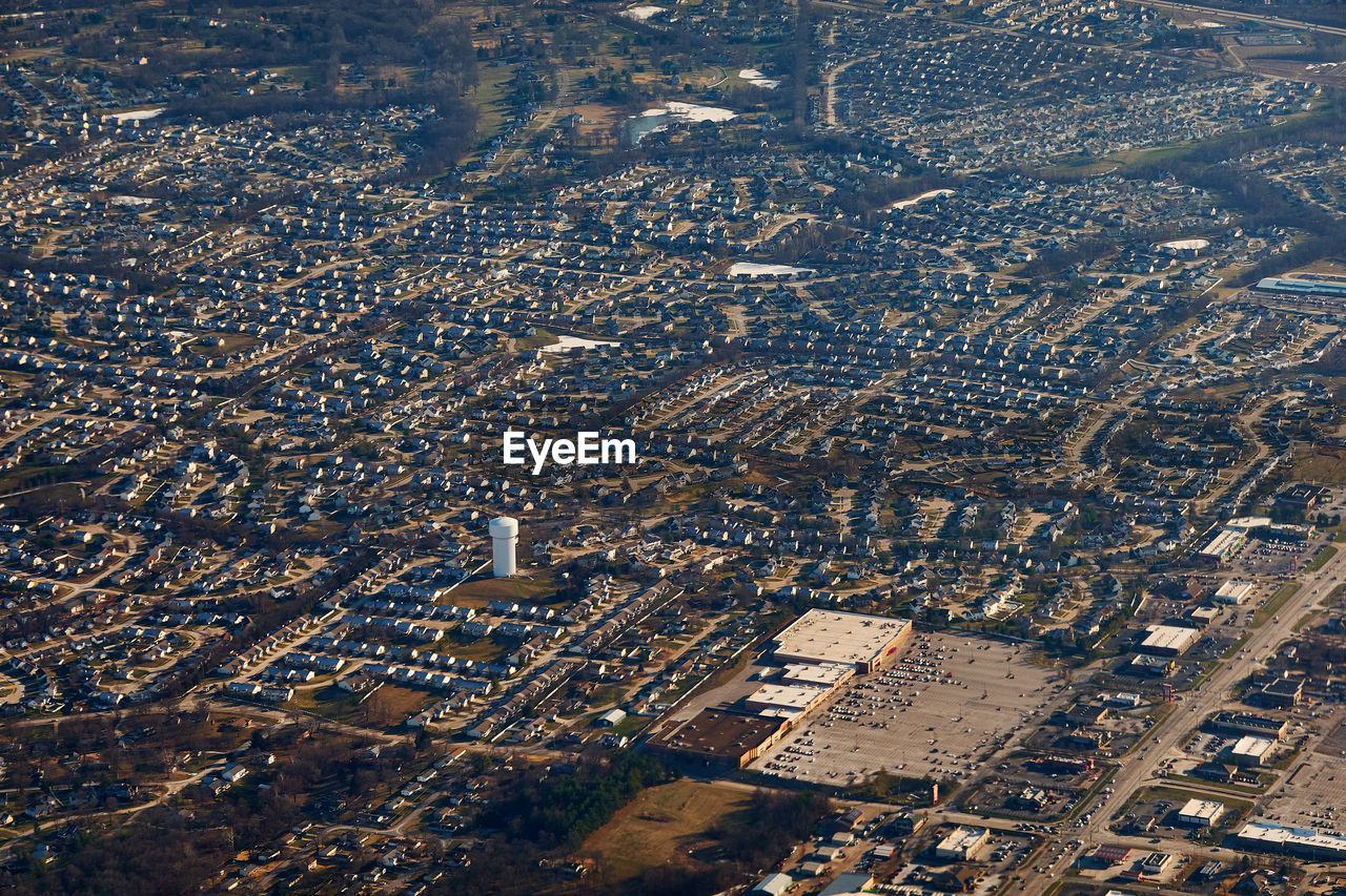 High angle view of city buildings