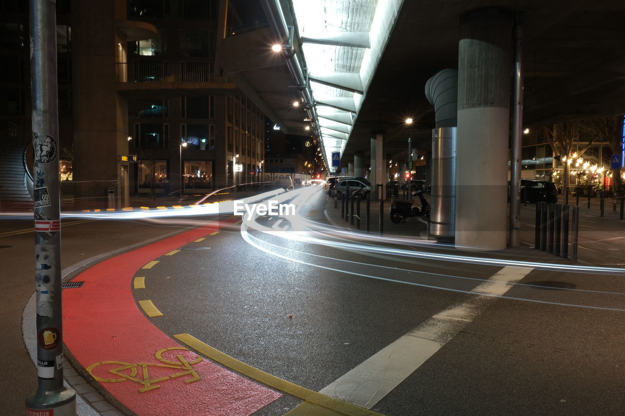 Light trails on road at night