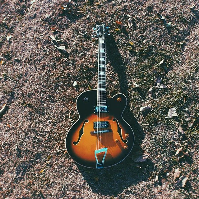 High angle view of guitar on field