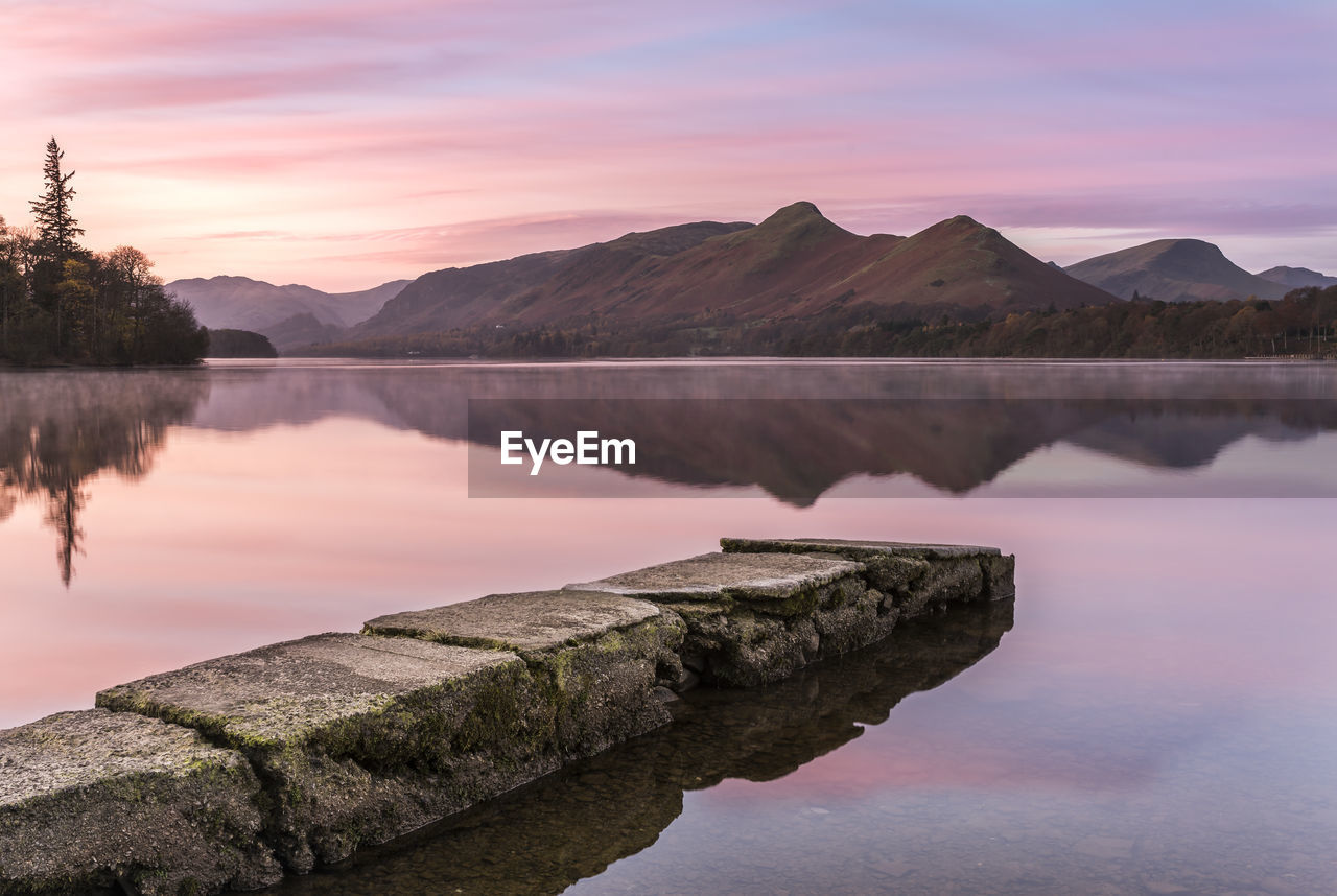 REFLECTION OF MOUNTAIN IN LAKE AGAINST SKY