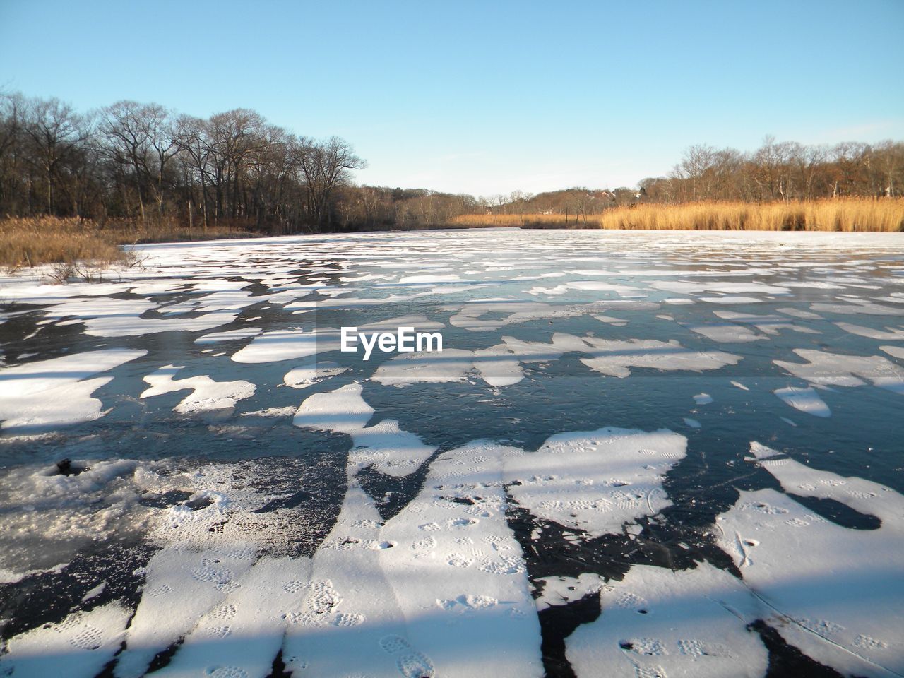 Scenic view of snow covered field against clear sky