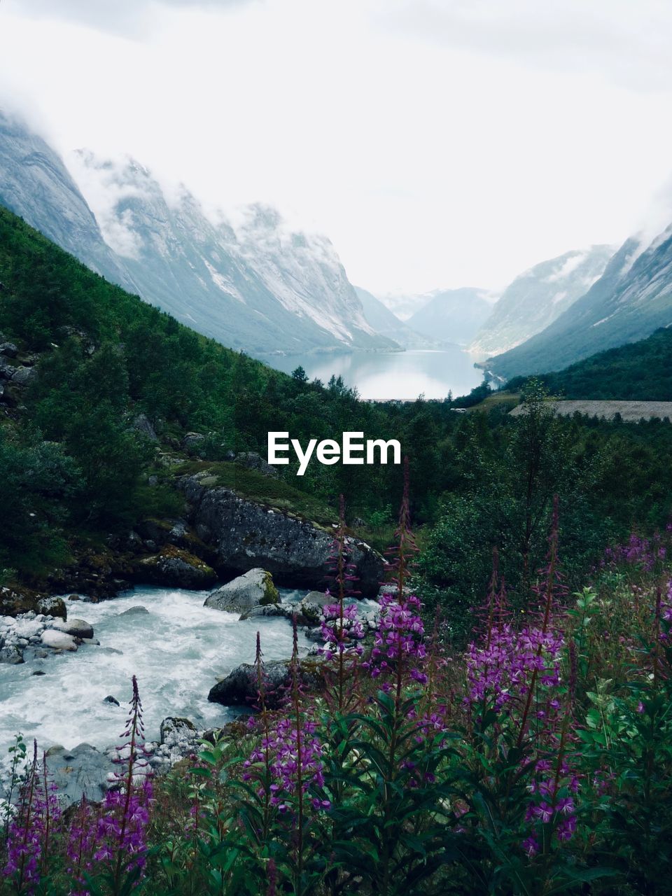 Scenic view of lake and mountains against sky