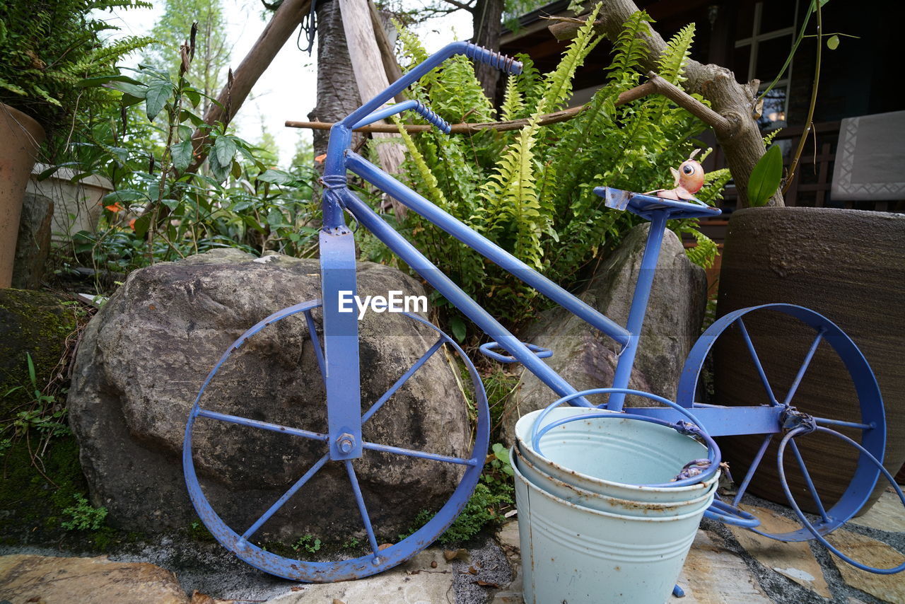 BICYCLE BY POTTED PLANT IN YARD